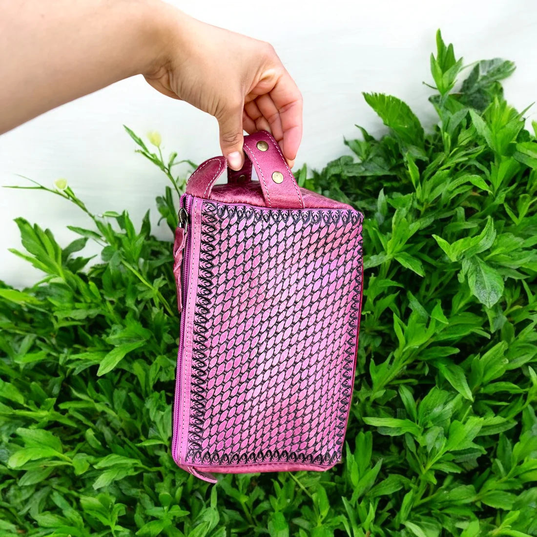 Pink Leather Tooled Toiletry Bag