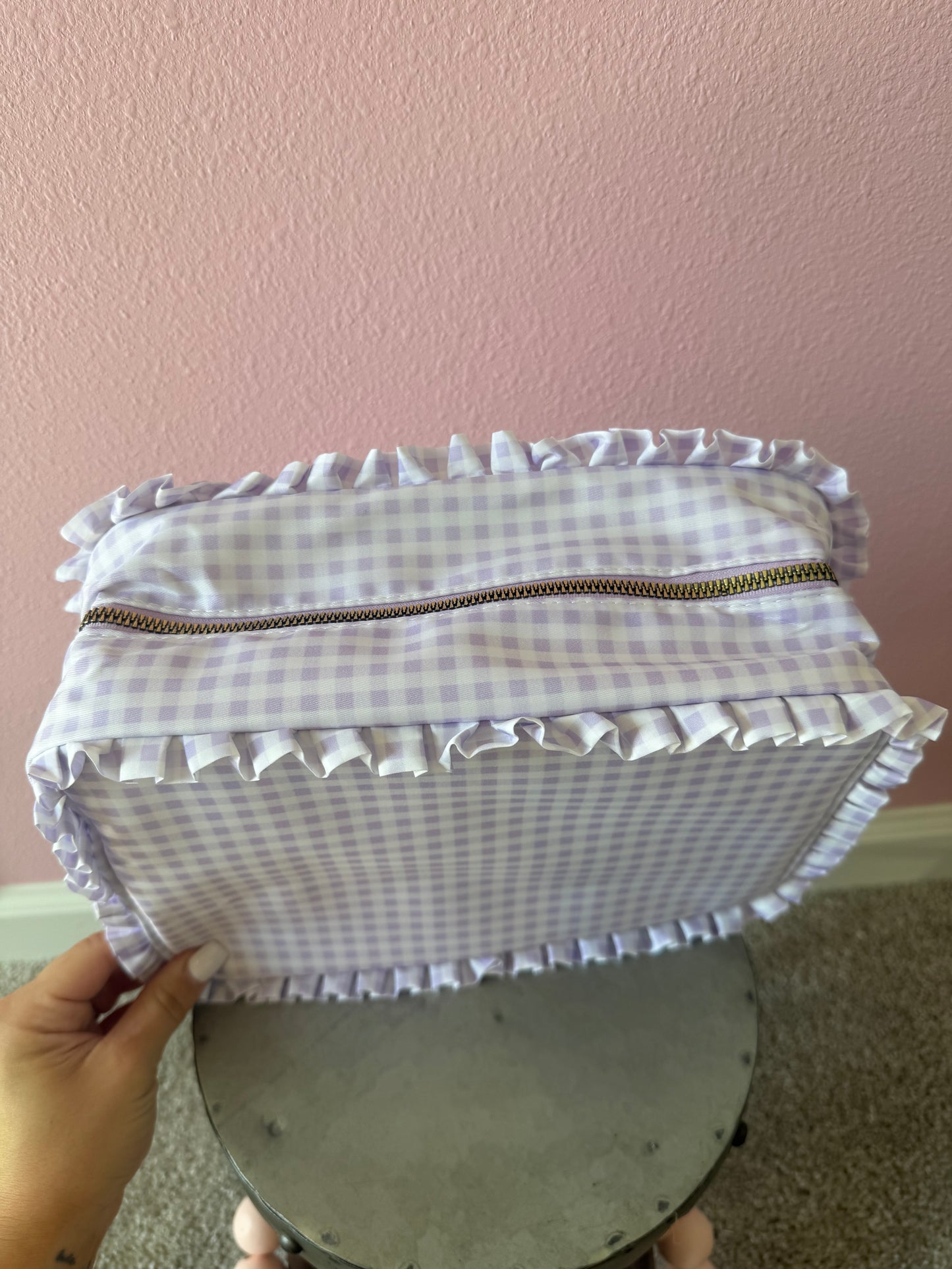 Large Purple Gingham with Ruffle Cosmetic Bag