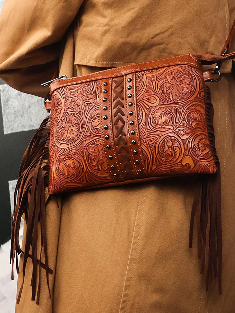 Tooled Leather & Fringe Crossbody Purse