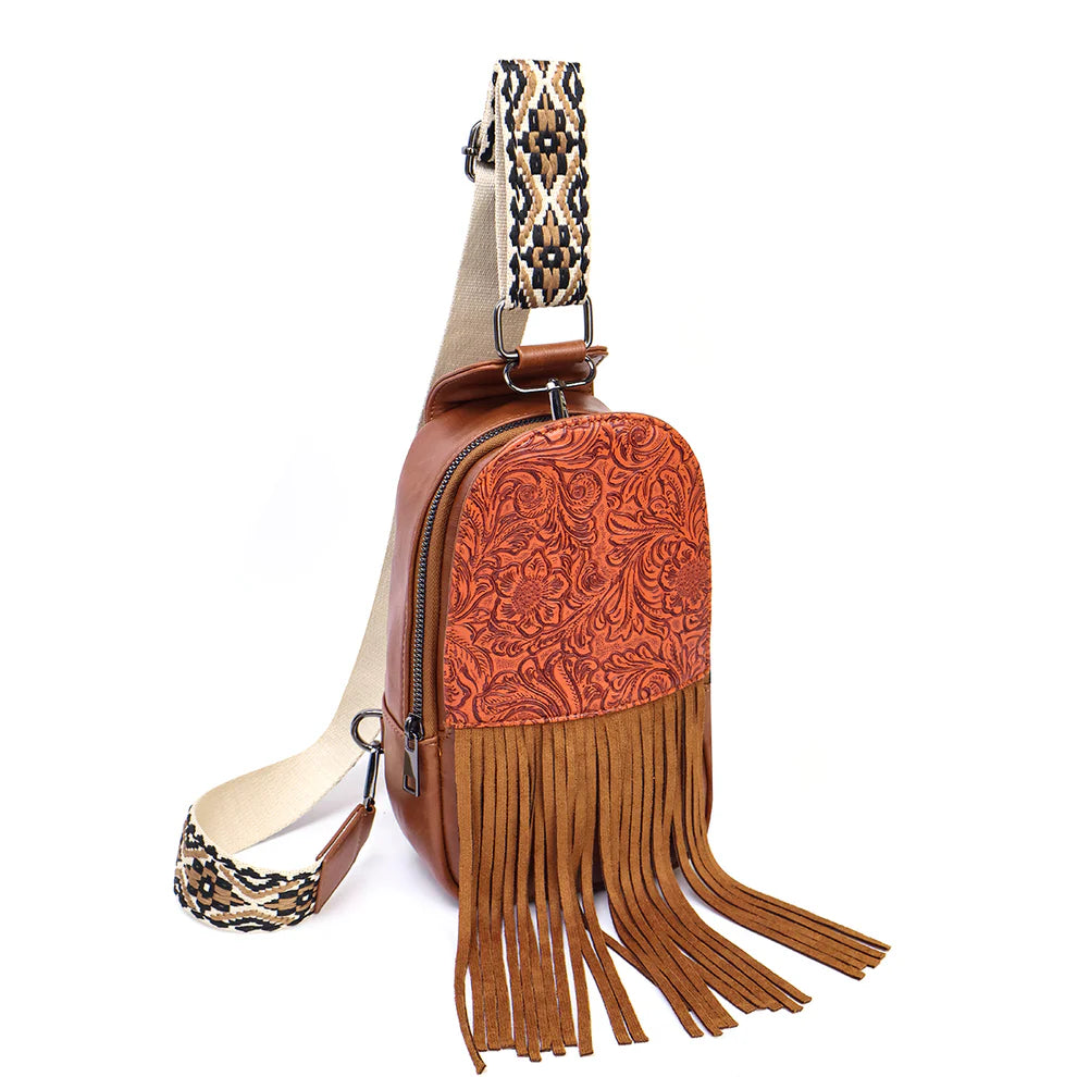 Leather Toole Fringe Sling Bag