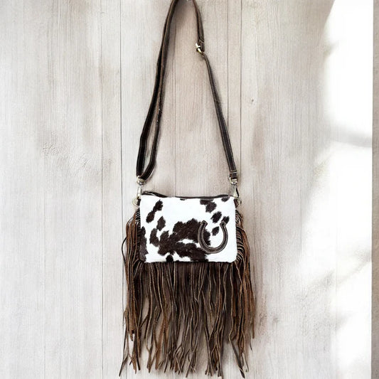 Horseshoe Leather Fringe and Cowhide Crossbody Purse