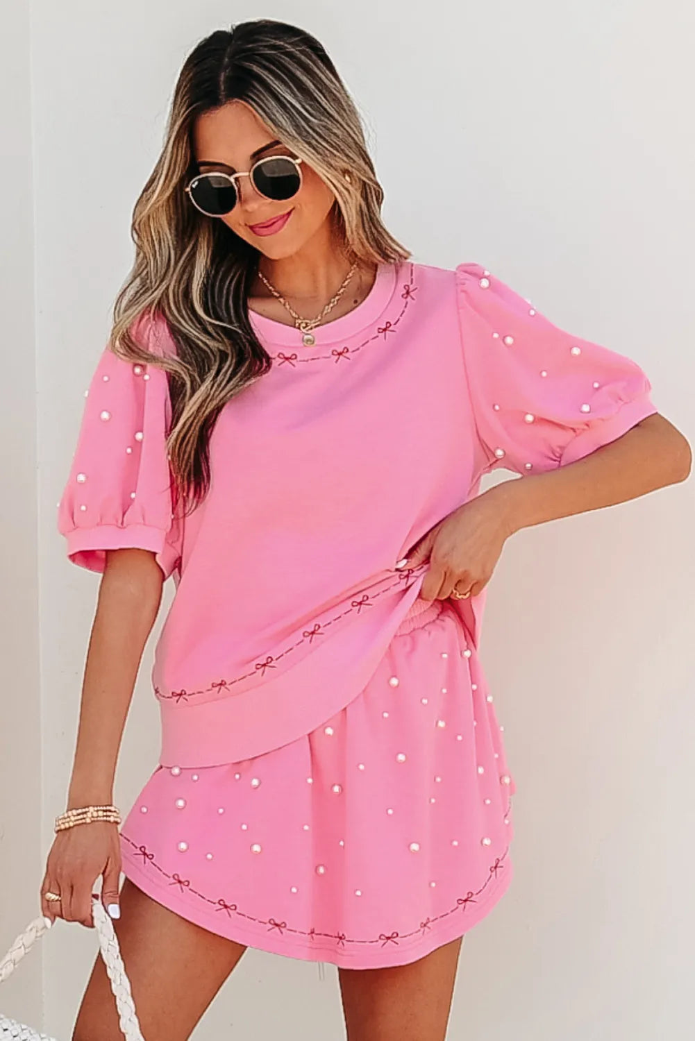 Pink Bow and Pearl Set