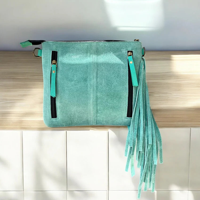 Turquoise Suede & Tooled Fringe Crossbody Bag