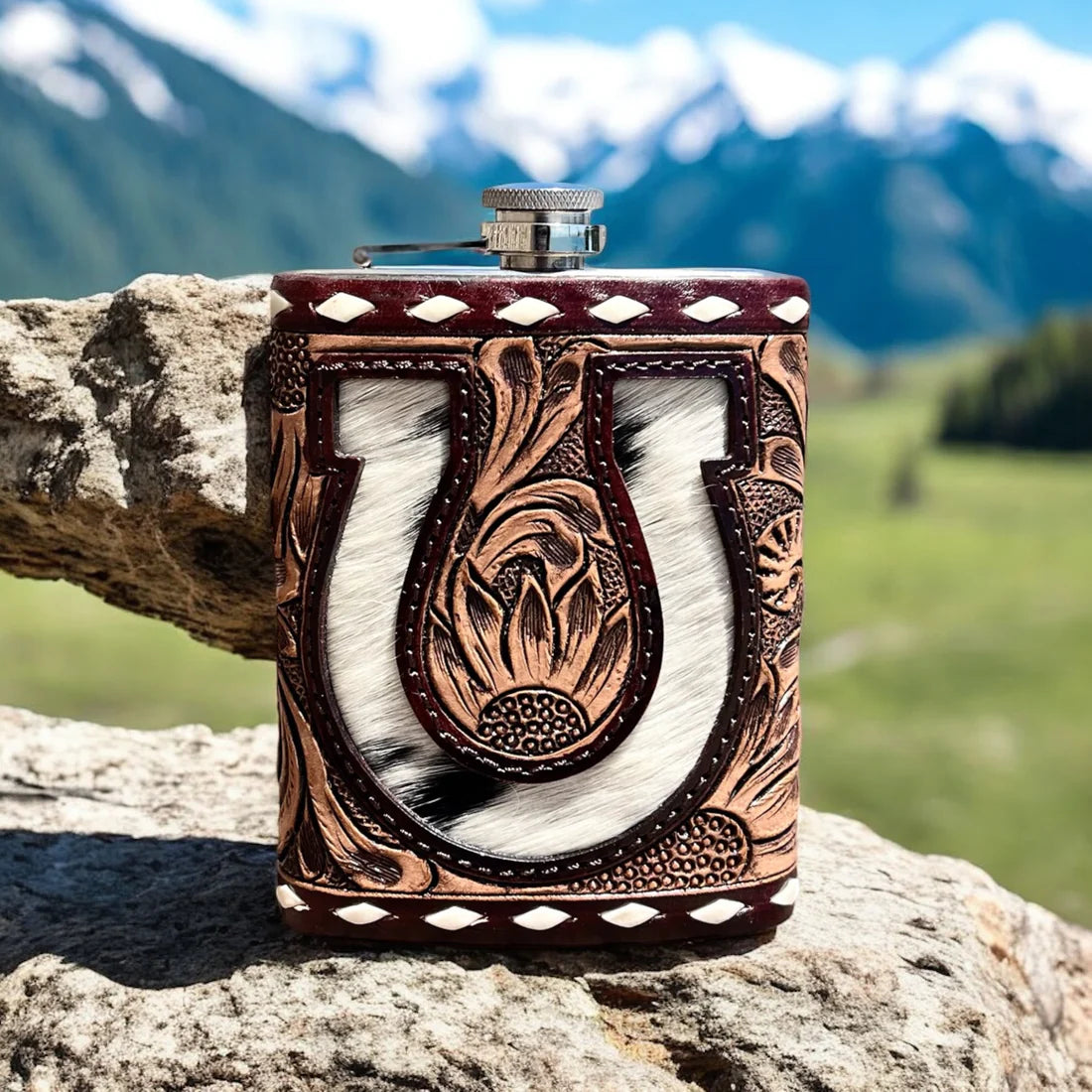 Horseshoe Tooled Leather & Cowhide Flask