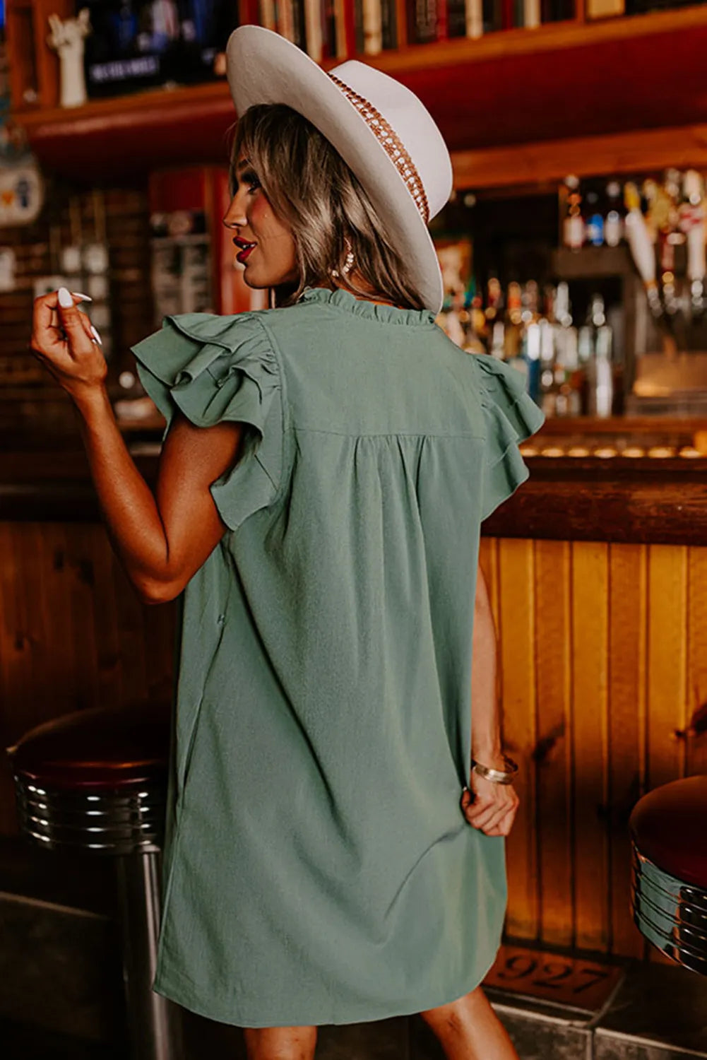 Olive Green Ruffle Sleeve Dress