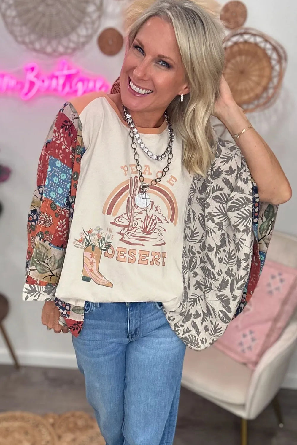 Desert Graphic Tee with Patchwork Sleeves
