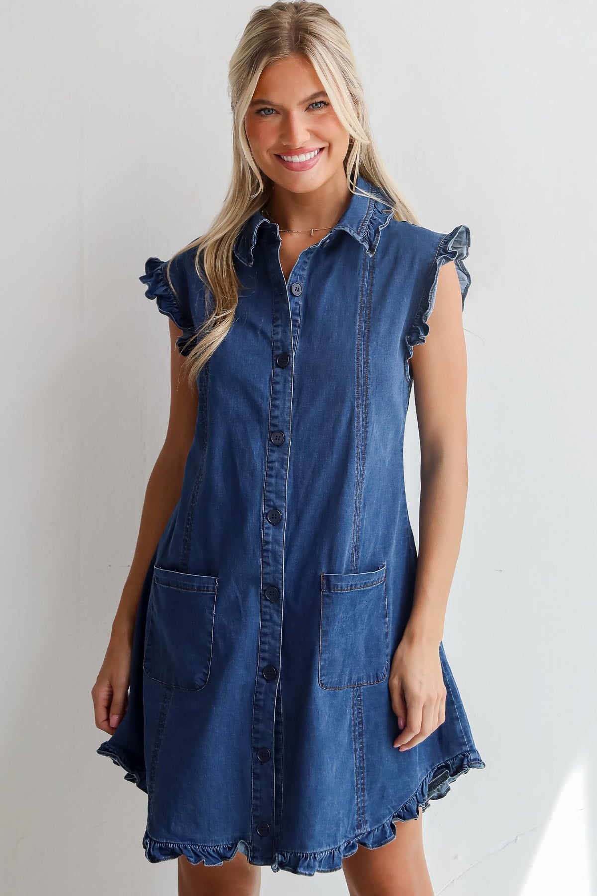 Ruffled Edge Collared Jean Dress