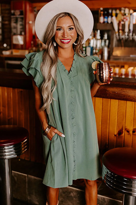 Olive Green Ruffle Sleeve Dress