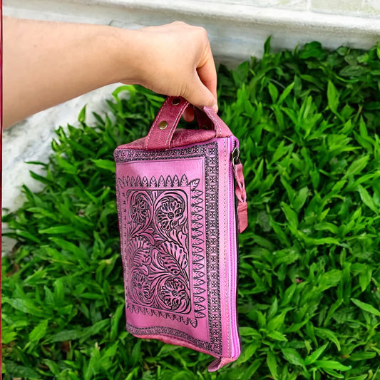 Pink Leather Tooled Toiletry Bag