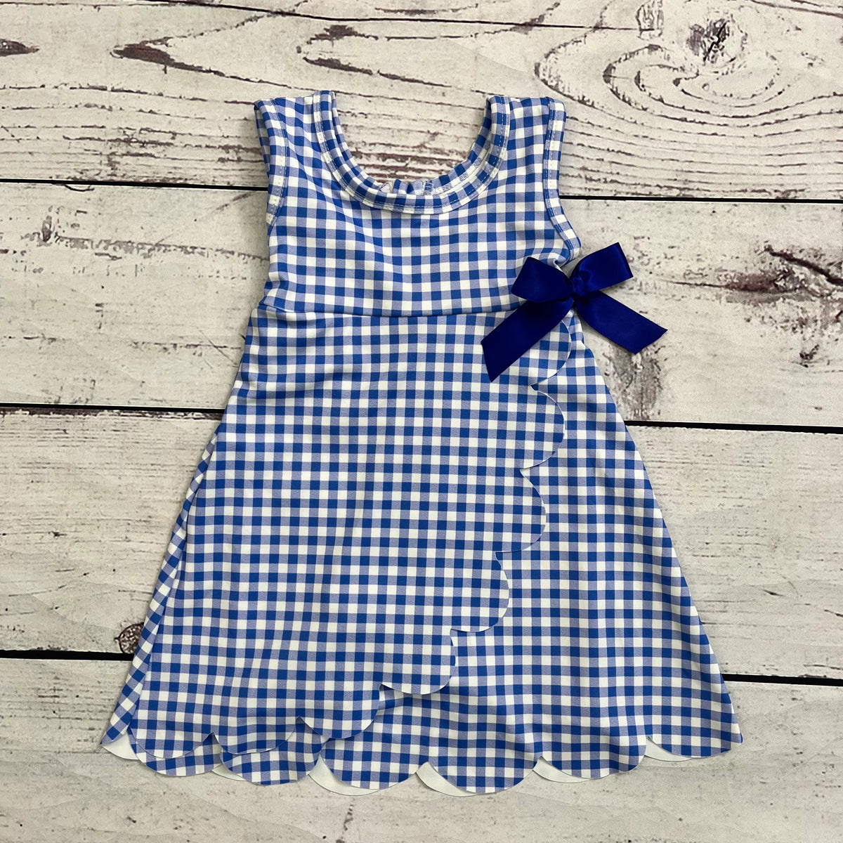 Navy Gingham & Scallop Girls Dress