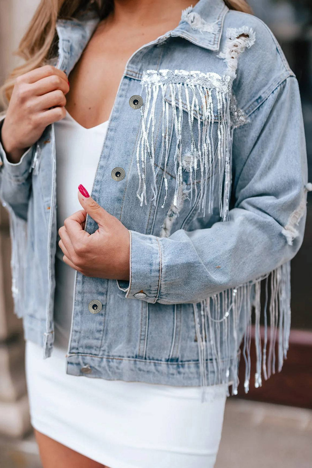 Denim Jacket with Rhinestone Fringe