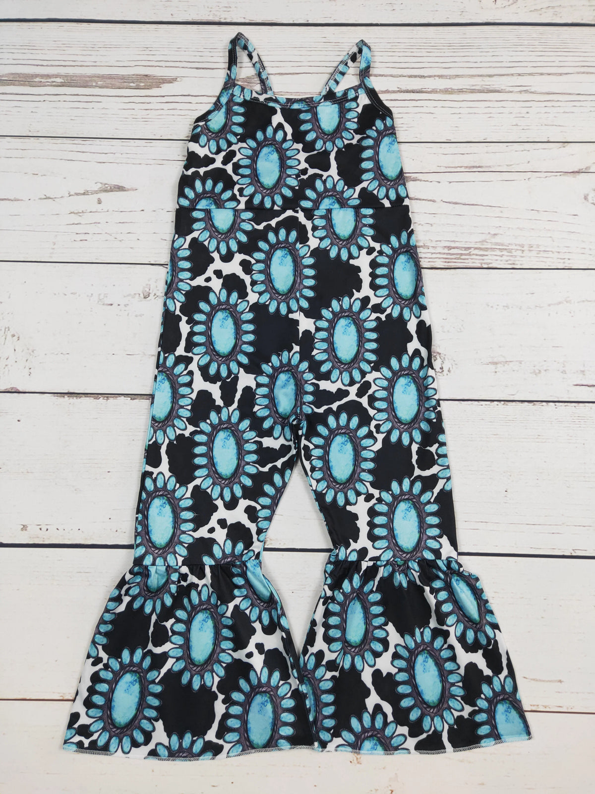 Turquoise & Cow Print Girls Jumpsuit