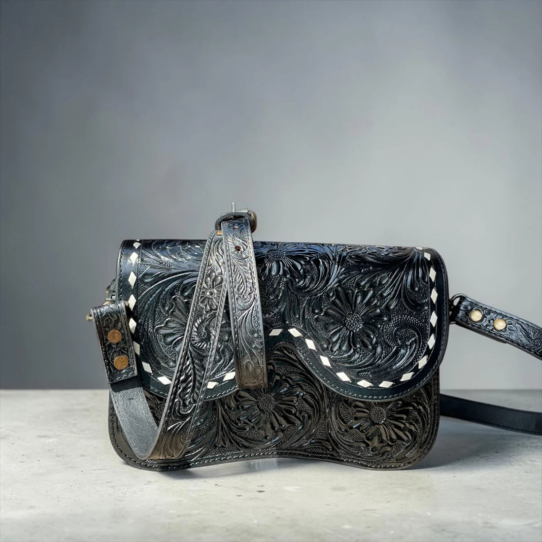 Black Tooled Leather Crossbody