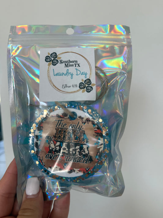 Blue “Mama Raised” Car Freshie