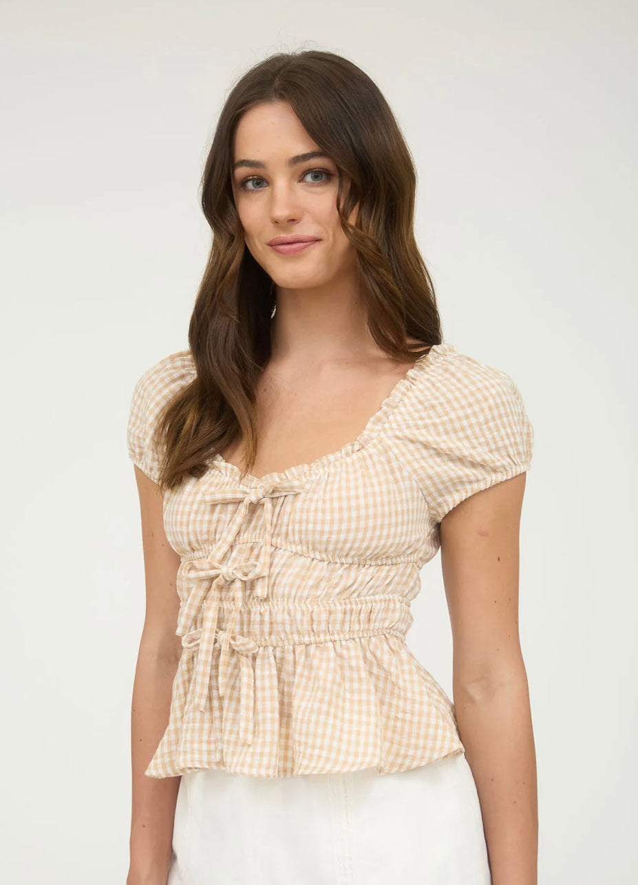 Khaki Gingham Bow Top
