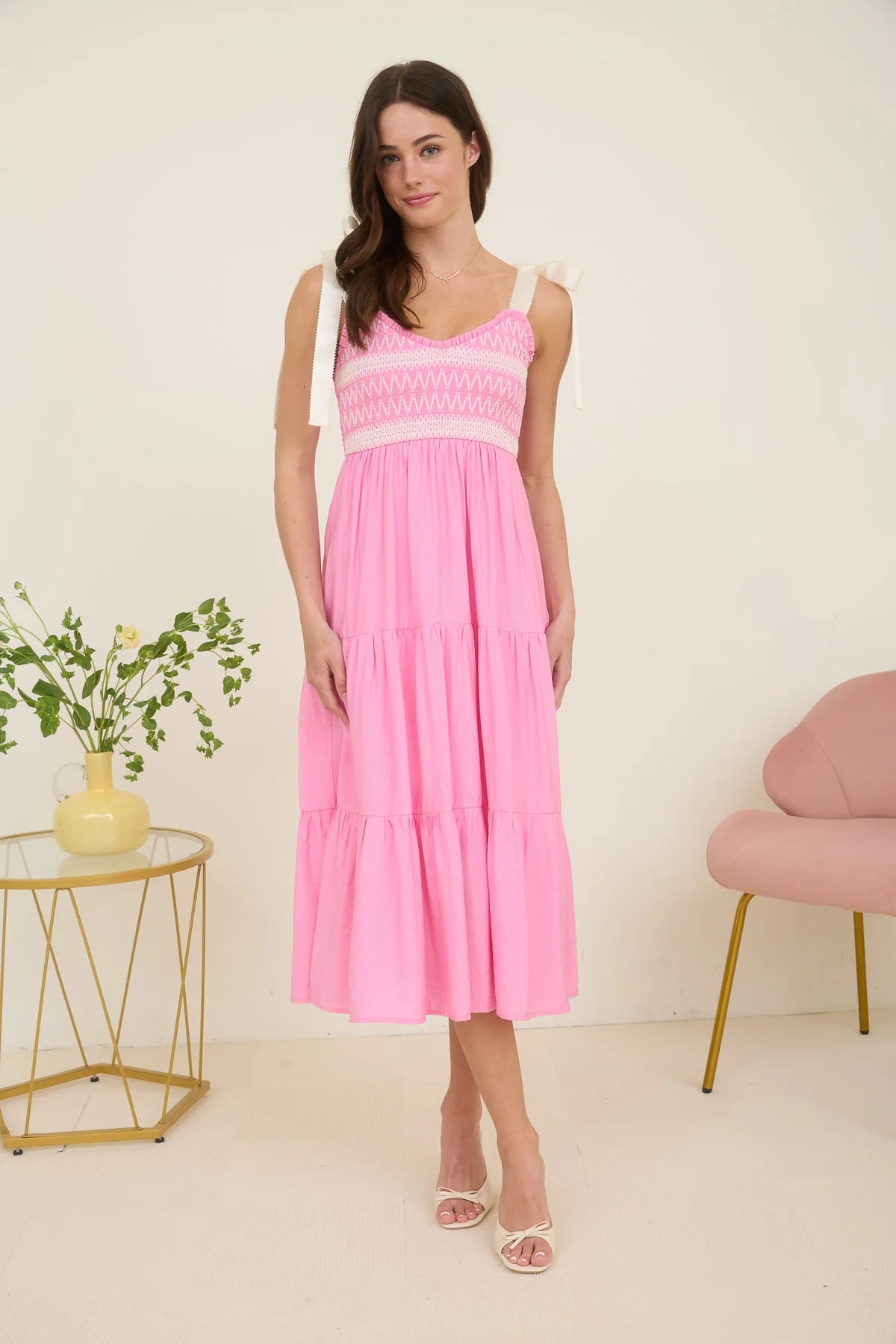Pink Midi Dress with Bow Ribbon Straps