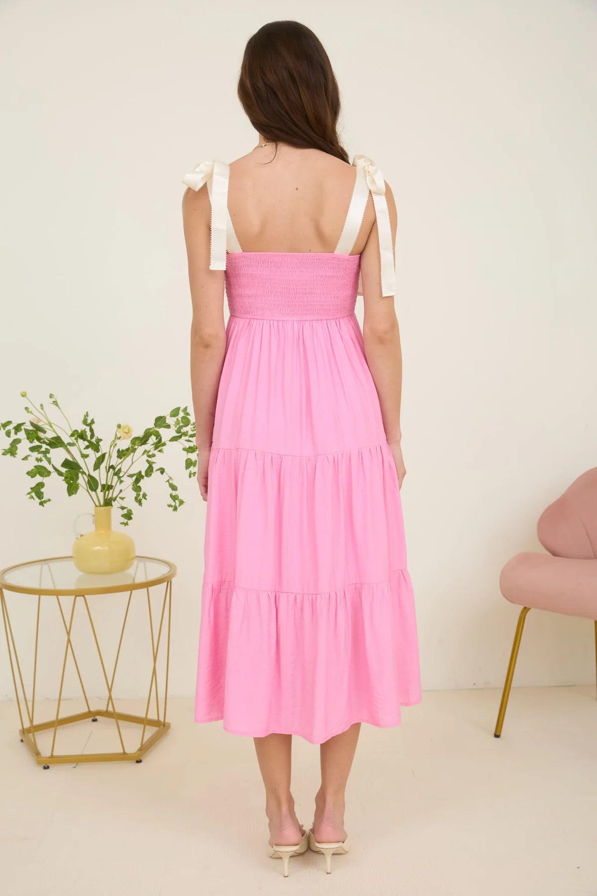 Pink Midi Dress with Bow Ribbon Straps