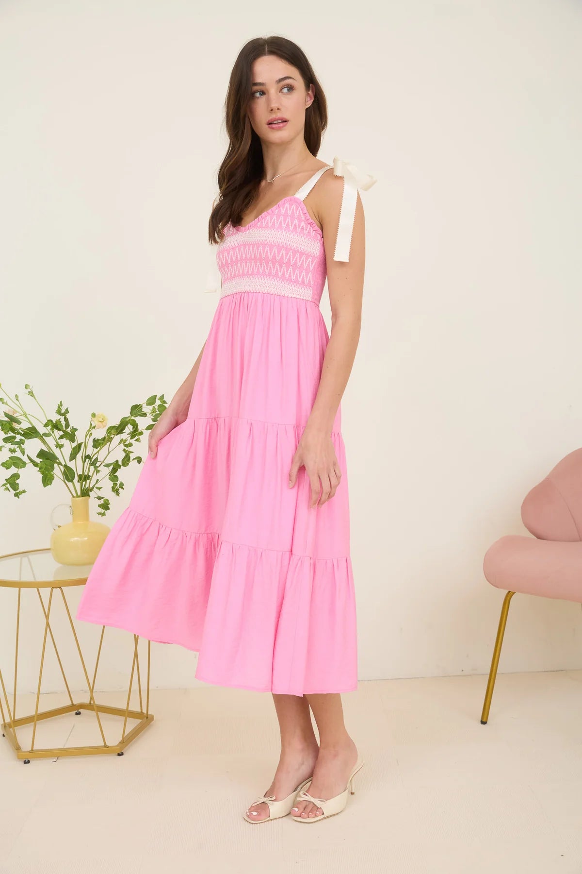 Pink Midi Dress with Bow Ribbon Straps