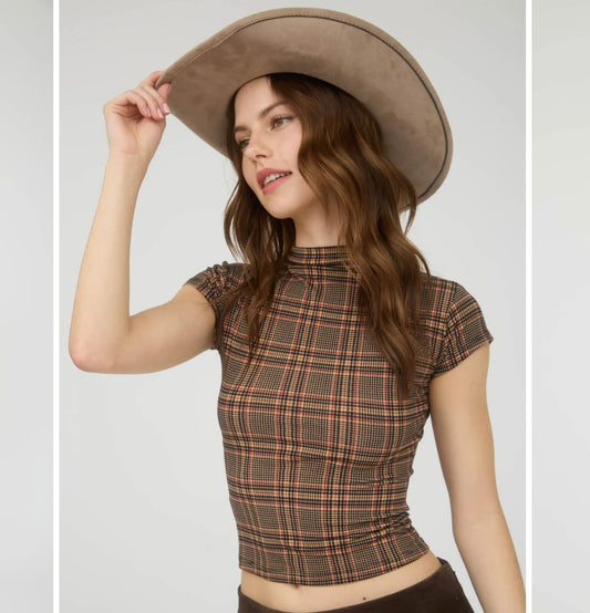 Camel Plaid Knit Crop Top