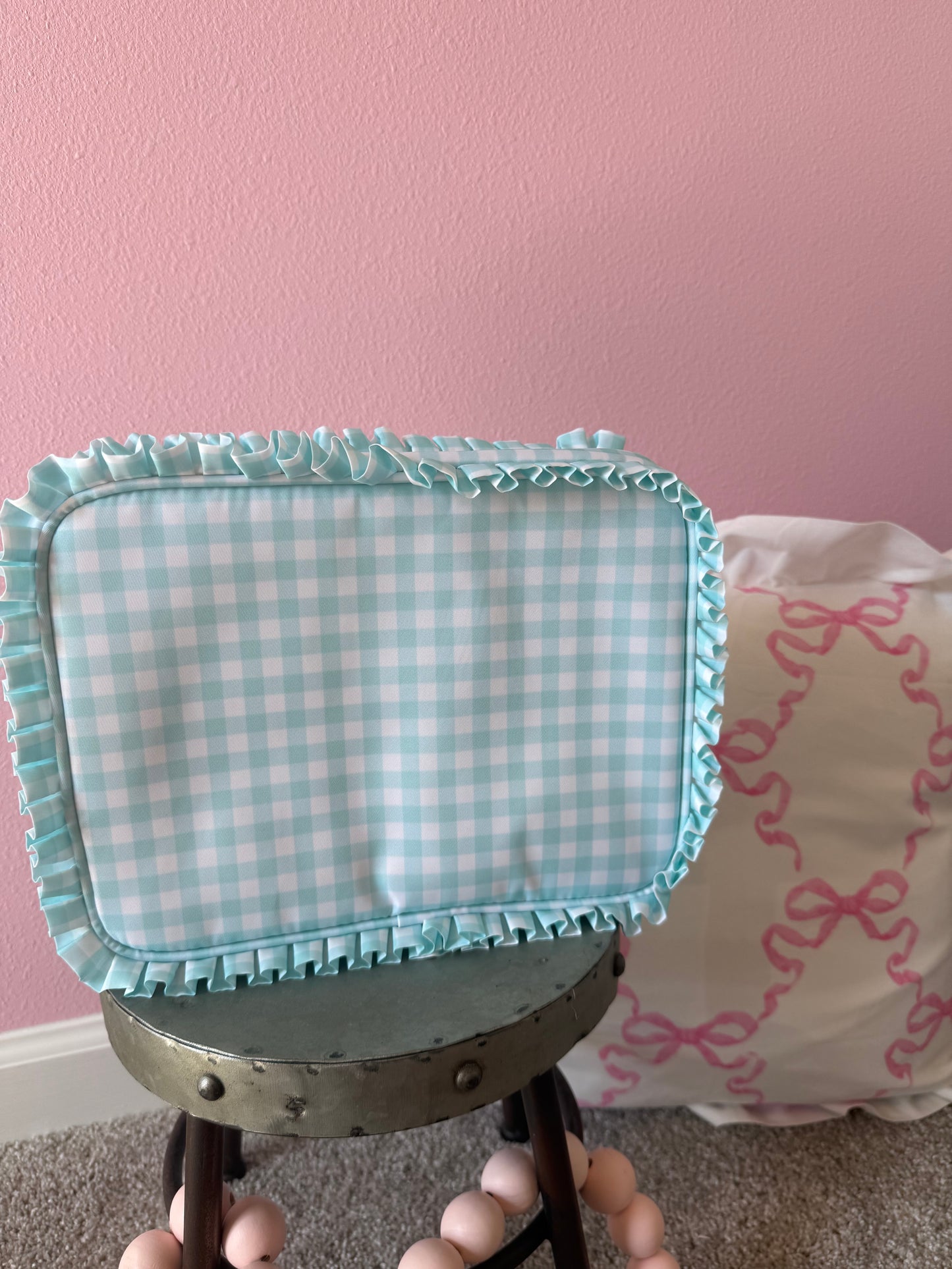 Large Blue Gingham with Ruffles Cosmetic Bag