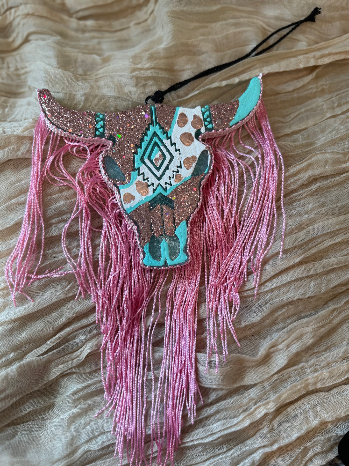 Pink & Teal Bull Head with Fringe Car Freshie