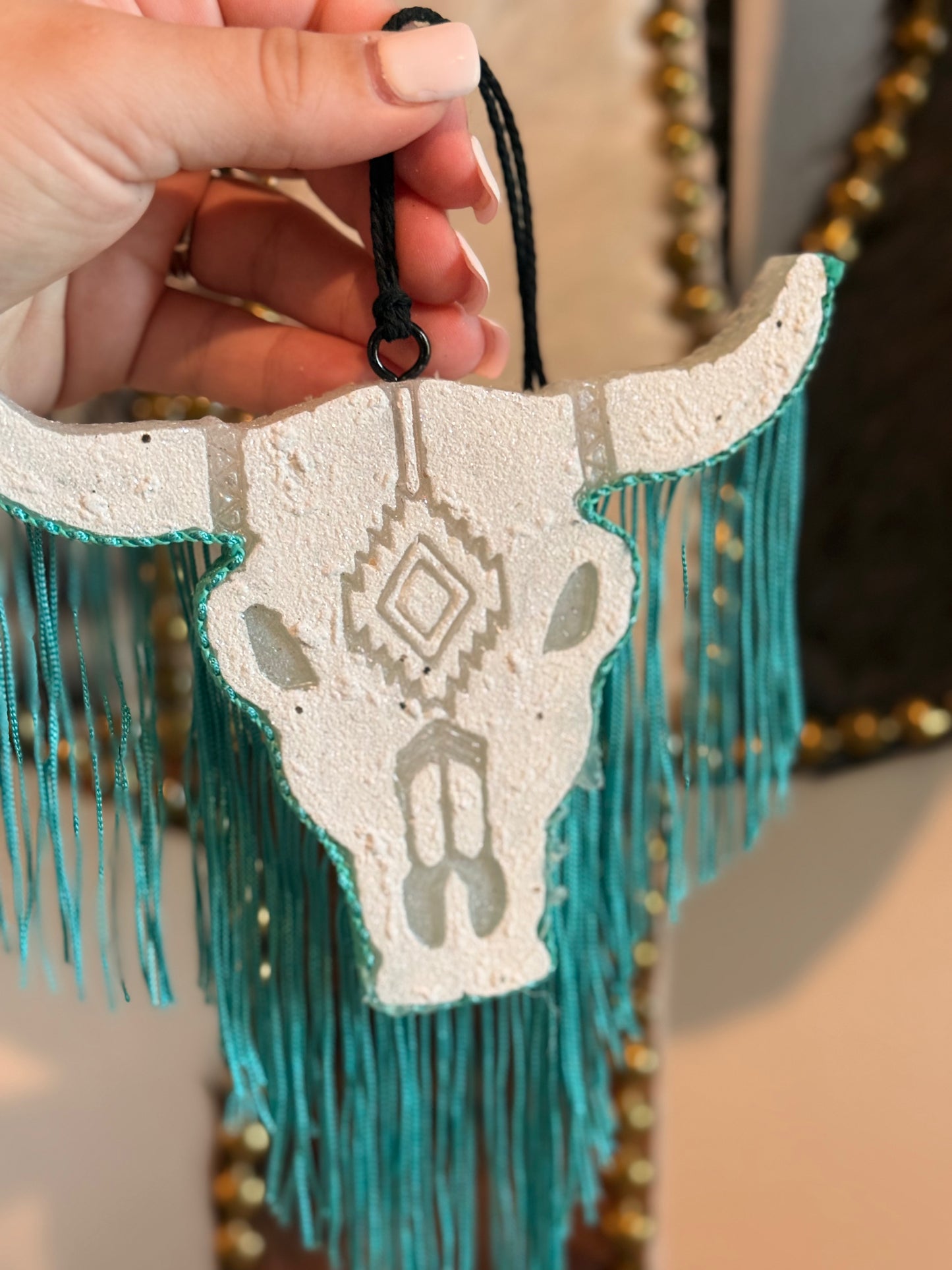 White & Turquoise Bull Head Car Freshie