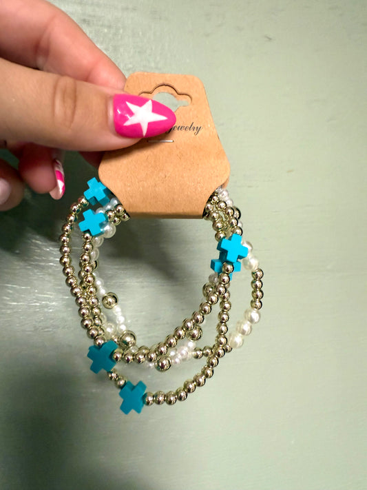 Blue & Pearl Gold Bracelet Stack