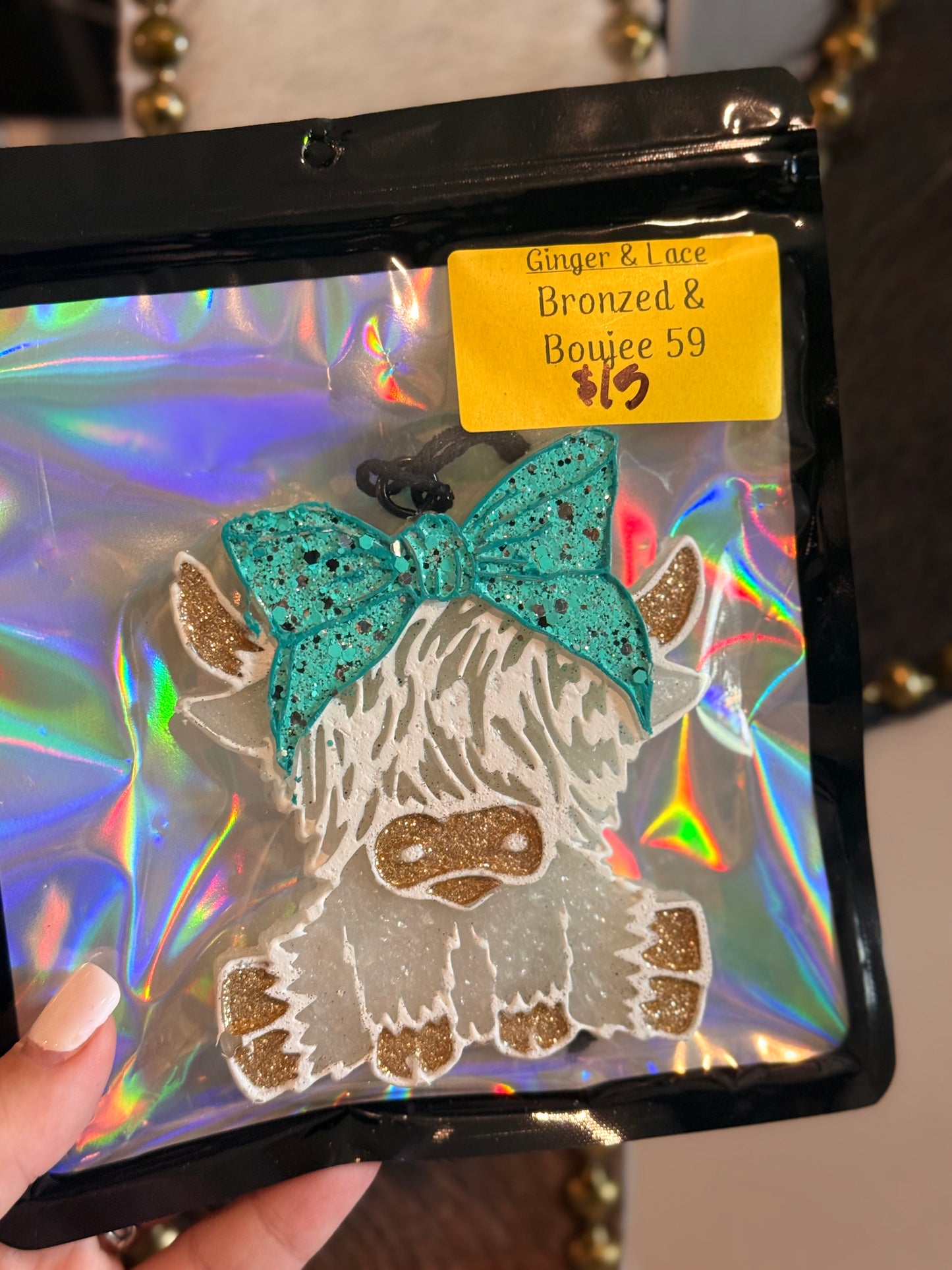Blue Bow Highland Cow Car Freshie