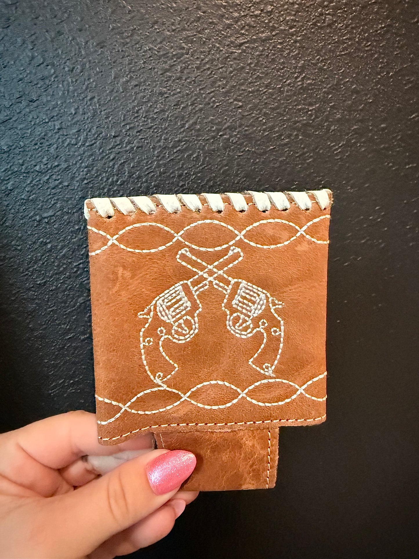 Gun Detailed Leather Koozie