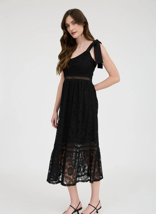 Black Lace Trim Midi Dress