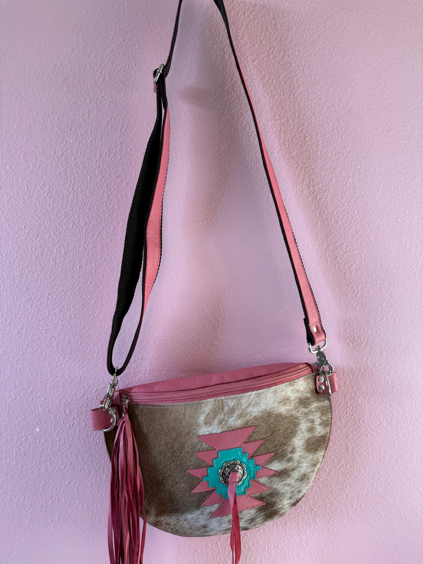 Pink & Teal Aztec Cowhide Crossbody Purse