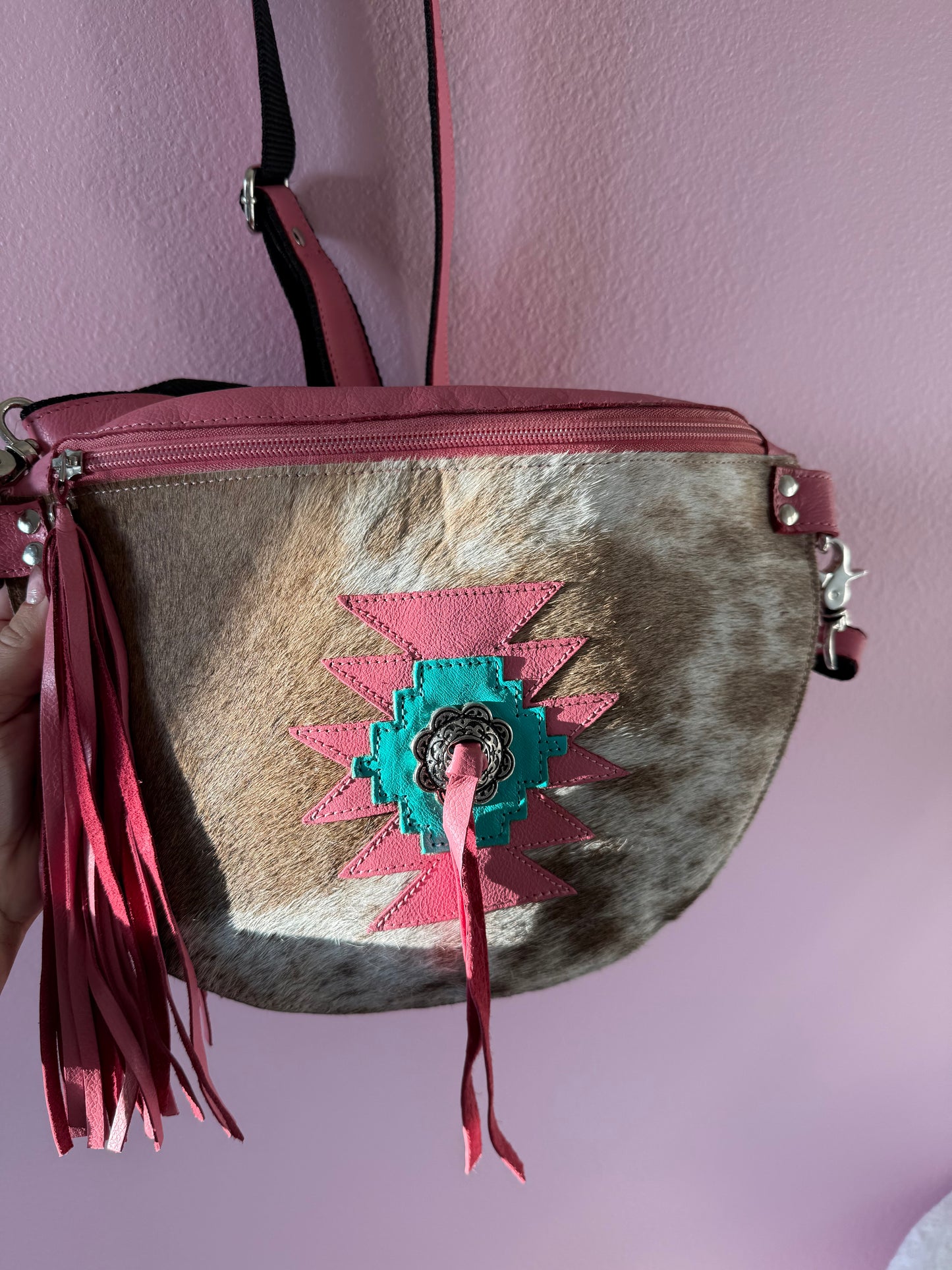 Pink & Teal Aztec Cowhide Crossbody Purse