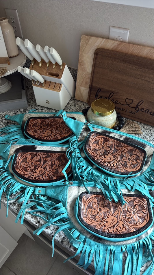 Blue Fringe, Tooled Leather & Cowhide Fanny Pack