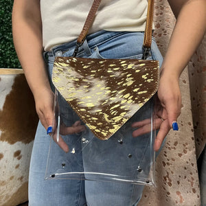 Brown Cowhide Acid Wash Clear Stadium Bag