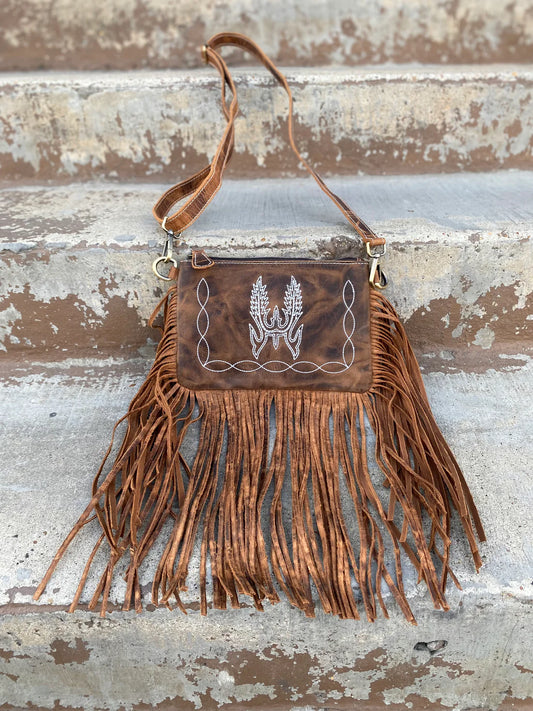Boot Stitch Leather Fringe Crossbody