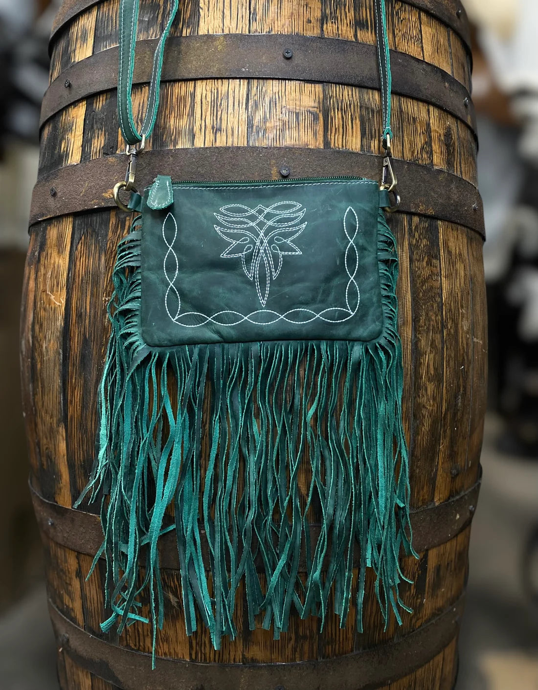 Emerald Bluebell Leather Fringe Crossbody