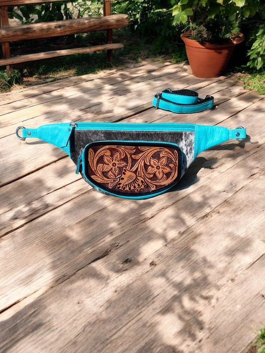 Turquoise Tooled Leather & Cowhide Fanny Pack