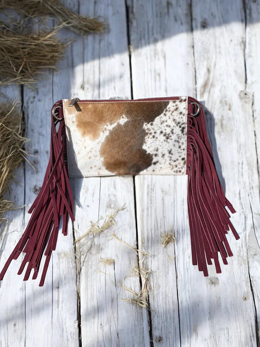 Burgundy Cowhide & Fringe Crossbody