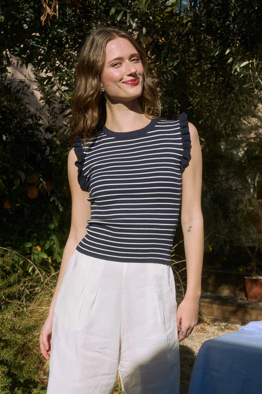 Navy Stripe Top with Ruffle Sleeves