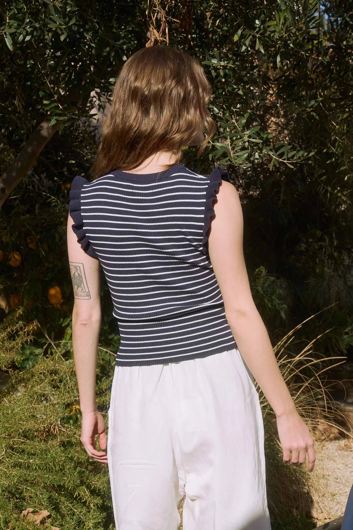 Navy Stripe Top with Ruffle Sleeves