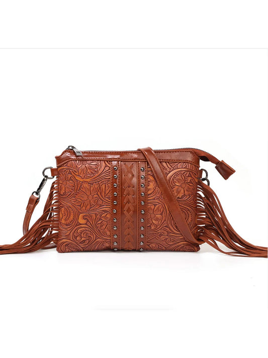 Tooled Leather & Fringe Crossbody Purse
