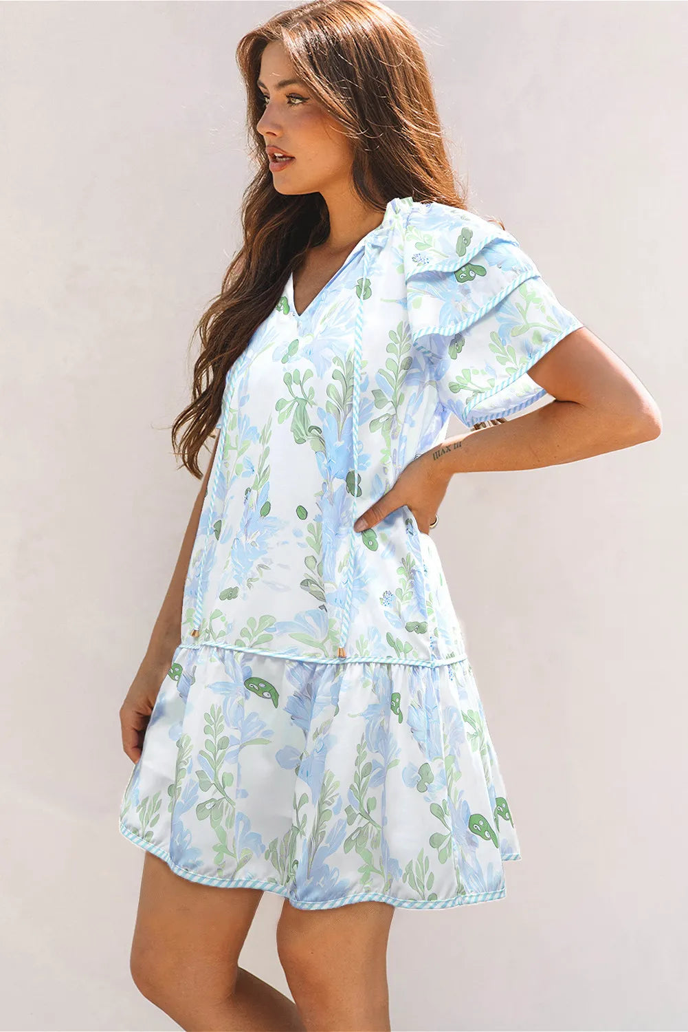 Blue Floral Layered Edge Dress
