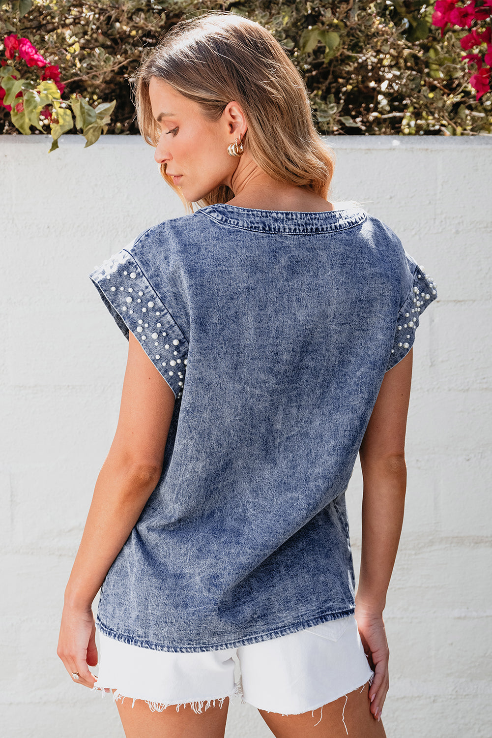 Blue Acid Wash Pearl Studded Top