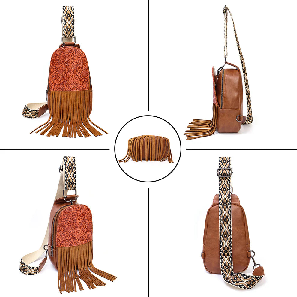 Leather Toole Fringe Sling Bag