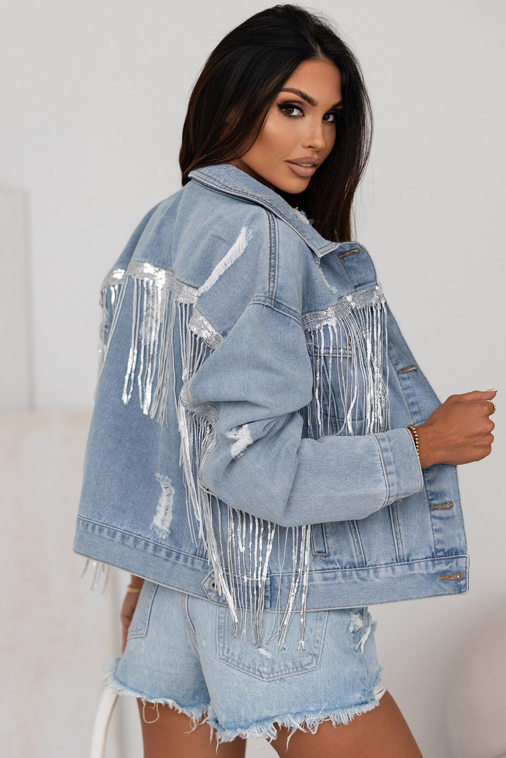Denim Jacket with Rhinestone Fringe
