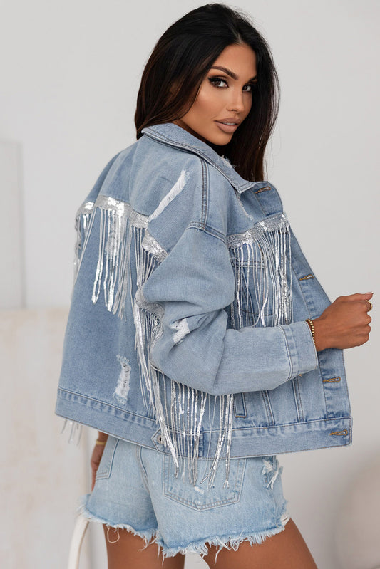 Denim Jacket with Rhinestone Fringe