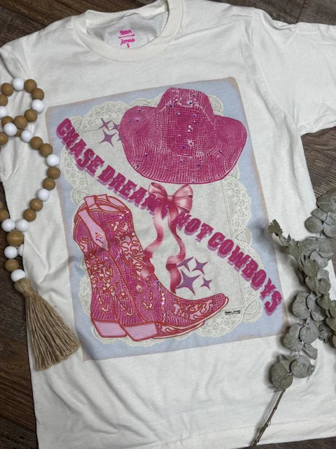 Chase Dreams Not Cowboys Graphic Tee with Rhinestones
