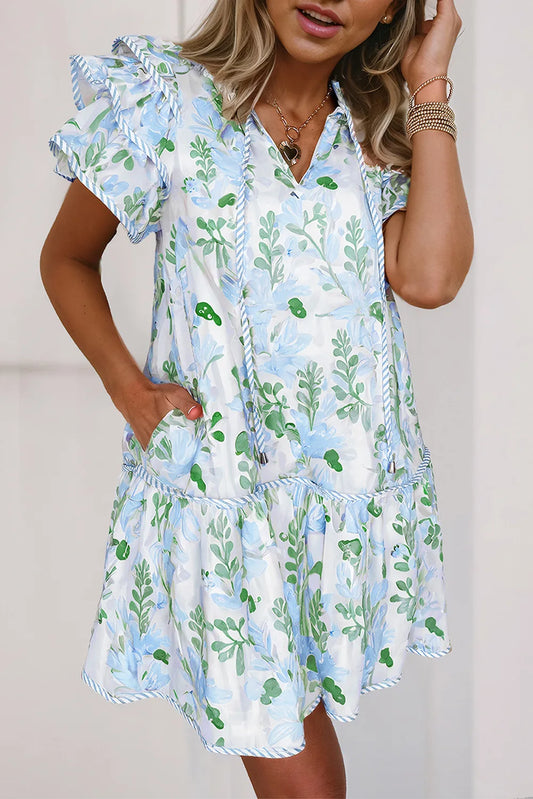 Blue Floral Layered Edge Dress