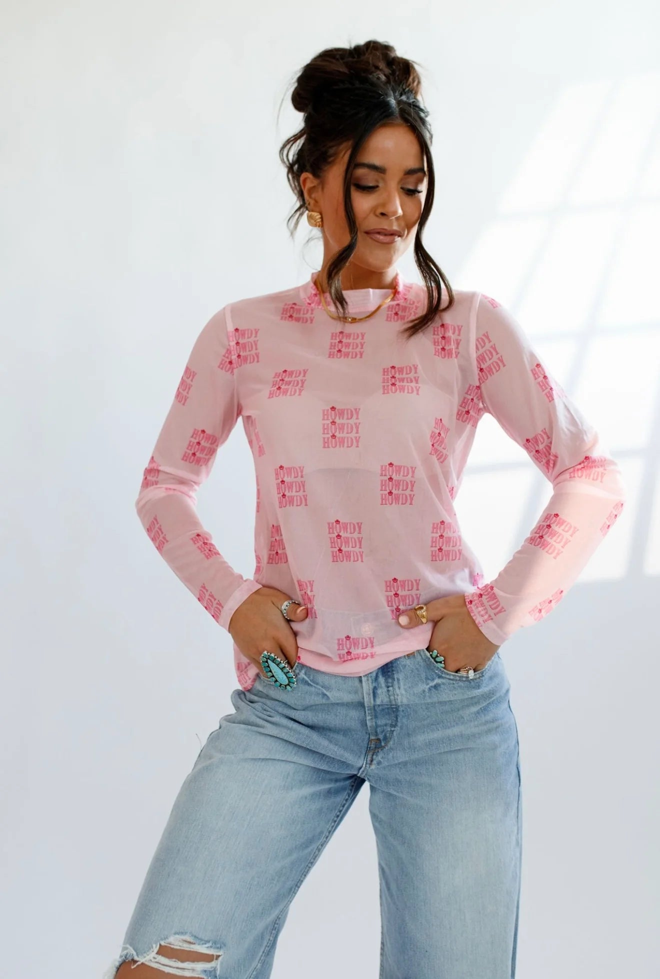 Pink Howdy Sheer Long Sleeve Top
