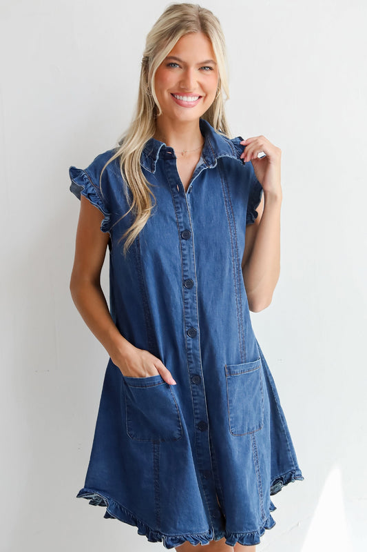 Ruffled Edge Collared Jean Dress